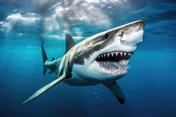 A great white shark with sharp teeth in motion is swimming in the ocean hunting for prey.