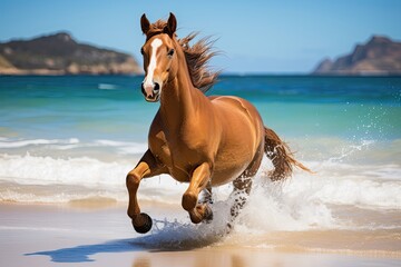 Obraz na płótnie Canvas brown horse animal in motion running on the beach bright blue sky backdrop