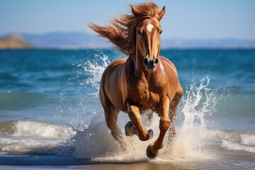 Obraz premium brown horse animal in motion running on the beach bright blue sky backdrop