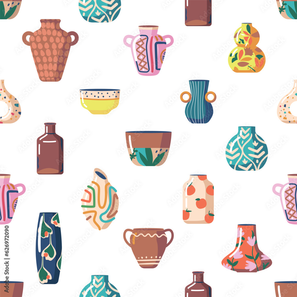 Poster charming seamless pattern featuring an array of pots and vases, creating a delightful and versatile 