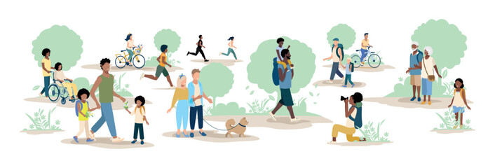 People of different ages and nationalities on a walk in the park. Families with children, old and young couples, friends spend time together. Vector horizontal illustration.