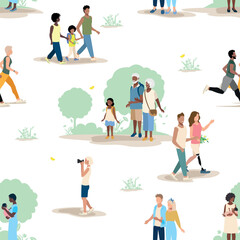 Fototapeta premium People of different ages and nationalities on a walk in the park. Families with children, old and young couples, friends spend time together. Seamless pattern. Vector background.