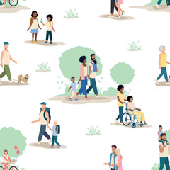 People of different ages and nationalities on a walk in the park. Families with children, old and young couples, friends spend time together. Seamless pattern. Vector background. - 626972031