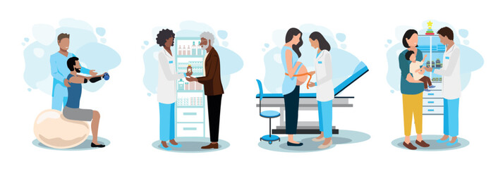 Doctor and patient vector illustration set. A patient for rehabilitation, limb prosthetics, in a pharmacy, a child at a pediatrician, a pregnant woman at a gynecologist. Thank you doctors and nurses. - 626972041