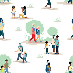 Fototapeta premium People of different ages and nationalities on a walk in the park. Families with children, old and young couples, friends spend time together. Seamless pattern. Vector background.