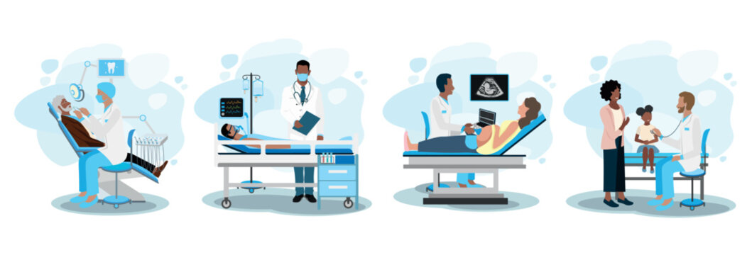 Doctor and patient vector illustration set. The patient is in intensive care, in the office of a dentist, a pediatrician, a pregnant woman in an ultrasound room. Thank you doctors and nurses.