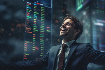 Fototapeta premium Mann arbeitet an der Börse vor Börsenkursen mit starken Emotionen, 8, Ai generiert
