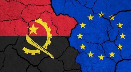 Flags of Angola and European Union on cracked surface - politics, relationship concept