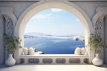 Fototapeta na wymiar Modern White Portico in Greece. Landscape on the Sea.