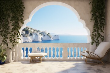 Modern White Portico in Greece. Landscape on the Sea. - obrazy, fototapety, plakaty