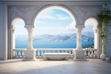 Modern White Portico in Greece. Landscape on the Sea.