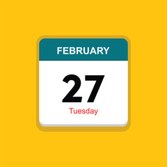tuesday 27 february icon with yellow background, calender icon