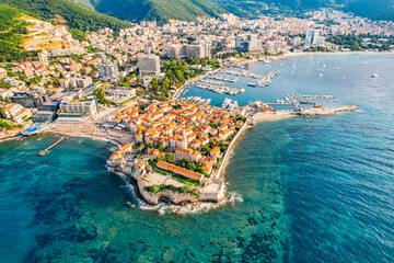 Budva, Montenegro from the air. Aerial city and beach  view.