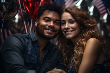 Close up of american mixed race couple. Two young people staying happy together. Fine portrait about diversity, happy real love concept. AI Generative