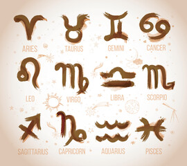 Zodiak icon signs set hand drawn with wet brush and ink in vintage style. Astrology symbols, horoscope. Vector illustration.