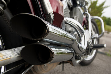 chrome, exhaust, ride, sport, burn, classic, customized, cycle, cylinder, fumes, harley, horsepower, pair, riding, signal, sunlight, upgrade