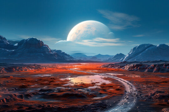Marslandschaft, Oberfl&auml;che eines fremden Planeten in einer Fantasy Galaxie, Sci-Fi, generative KI