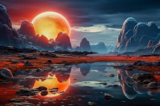 Marslandschaft, Oberfl&auml;che eines fremden Planeten in einer Fantasy Galaxie, Sci-Fi, generative KI