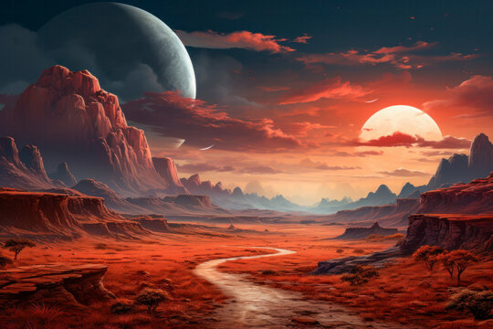 Marslandschaft, Oberfl&auml;che eines fremden Planeten in einer Fantasy Galaxie, Sci-Fi, generative KI