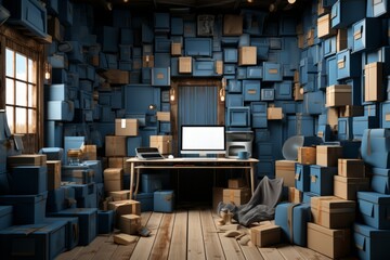 work desk  with computer ,sofa and boxes  prepared for delivery - obrazy, fototapety, plakaty
