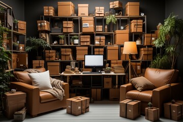 work desk  with computer ,sofa and boxes  prepared for delivery