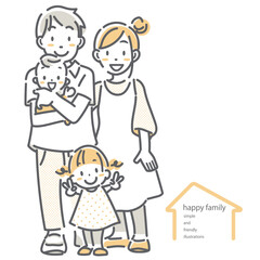 笑顔の4人家族　シンプルでお洒落な線画イラスト