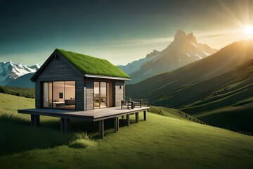 A wooden summer house with a green roof and a beautiful view of the mountain.