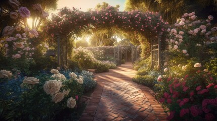 Obraz premium entrance to a garden with roses. Created with Generative AI.