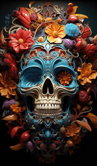 Fototapeta premium Digital illustration of a 3d render of a psychedelia art neuropsychology skull and brains, in the style of dreamlike portraiture, colorful fantasy realism