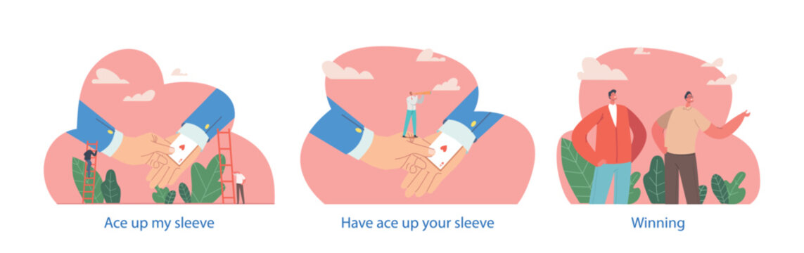 Isolated Elements With Characters Perform Ace Up Your Sleeve Scenes. Secret Advantage Or Surprise Plan