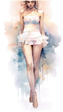 Watercolor illustration of a woman with enchanting, ethereal legs elegantly showcased under a short skirt, emanating a magical and mesmerizing aura.