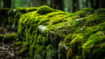 Old stone wall overgrown with moss. AI generated