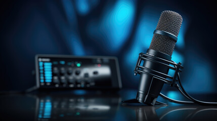 Home studio podcast interior. Microphoneon the table, close-up.