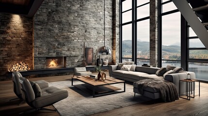 Interior of a living room, Penthouse Loft with dark stone walls with hardwood floors, Generative AI