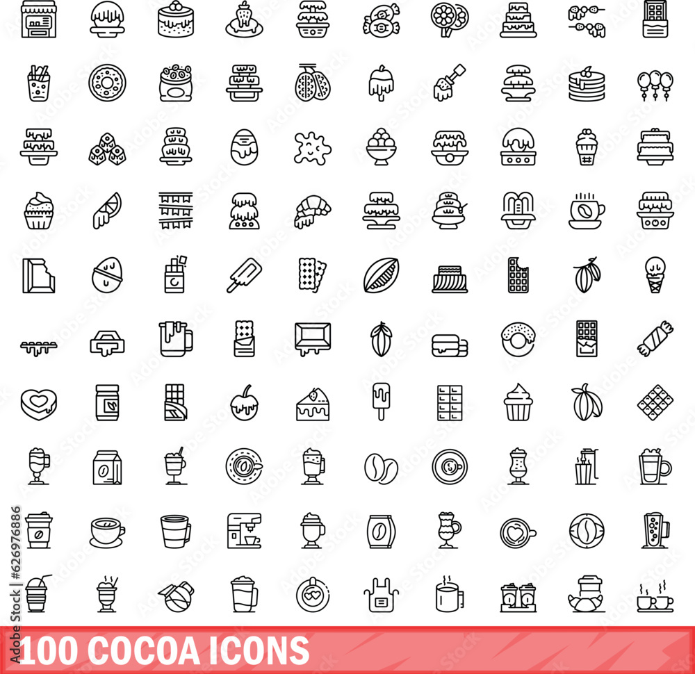 Poster 100 cocoa icons set. outline illustration of 100 cocoa icons vector set isolated on white background