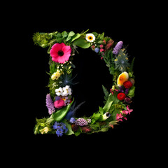 Letter D made of flowers and plants on black background. Flower font concept