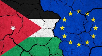 Flags of Jordan and European Union on cracked surface - politics, relationship concept