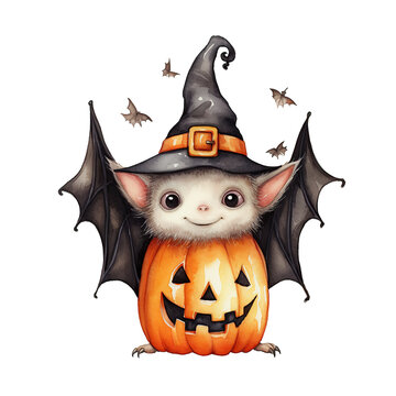 recommend clip art: Cute bat wearing pumpkin on isolated background,style of watercolor .Halloween concept.created with Generative AI technology