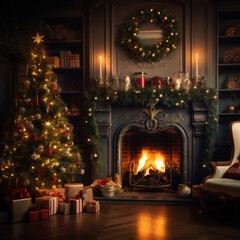 Christmas living room interior with Christmas tree and fireplace.