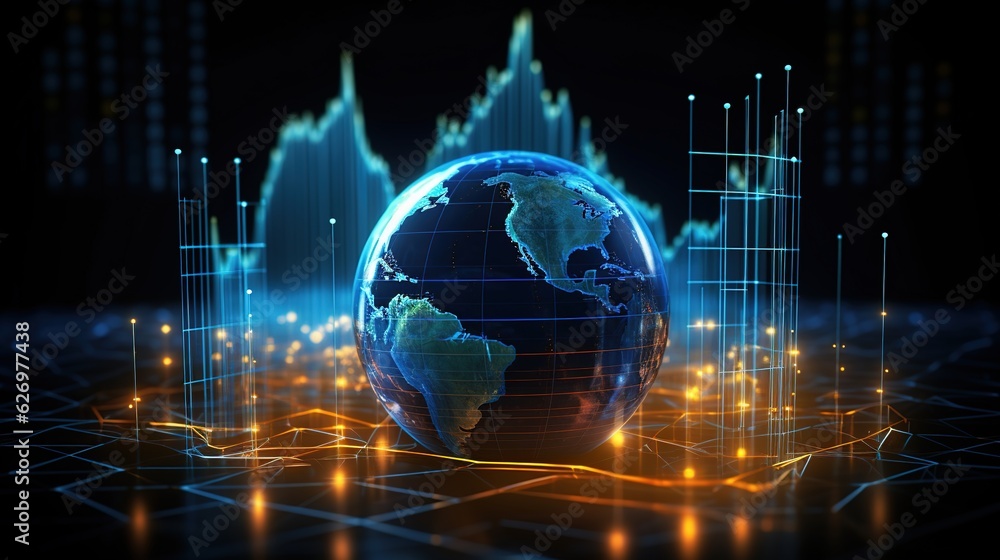 Poster planet earth with a glowing display of financial investment data. graph the stock market with ascend