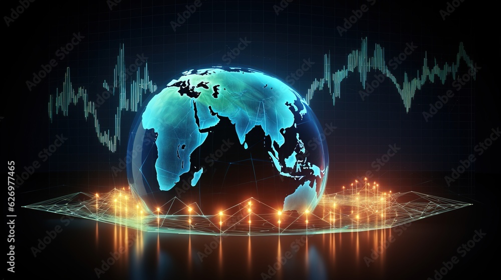 Aufkleber planet earth with glowing vector chart of investment financial data. graph stock market with rising 