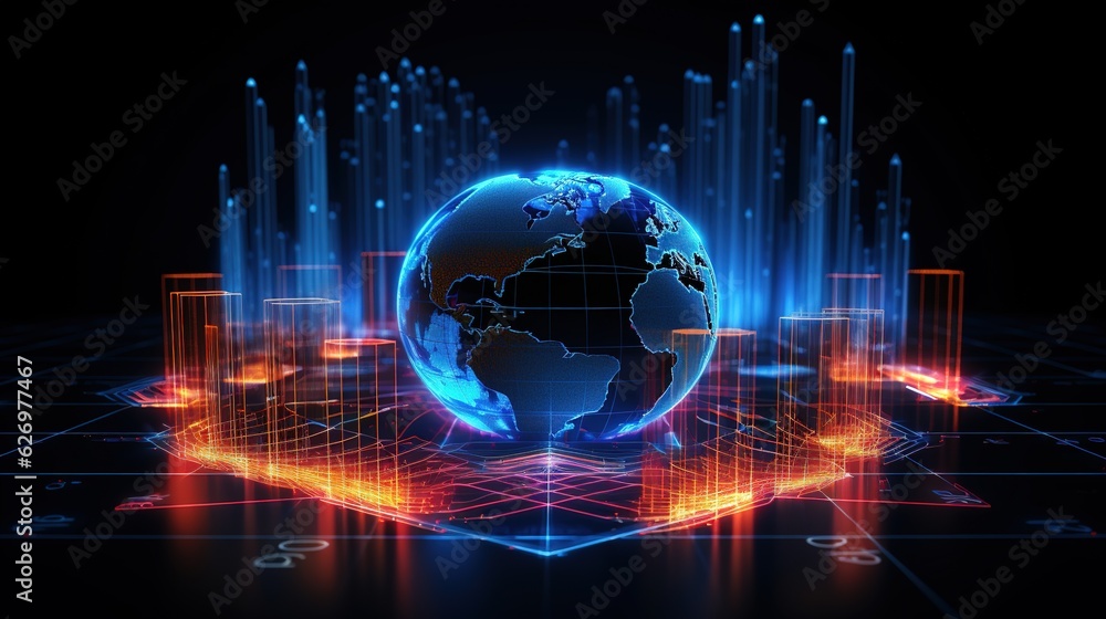 Aufkleber planet earth with glowing vector chart of investment financial data. graph stock market with rising 