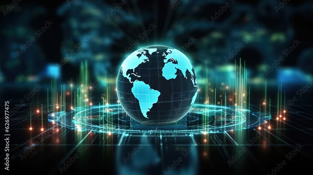 Poster planet earth with glowing vector chart of investment financial data. graph stock market with rising 
