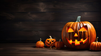 Halloween pumpkin head jack lantern on spooky wooden background.