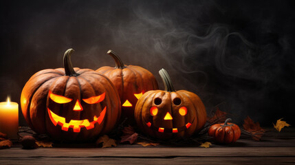 Halloween pumpkins heads jack lantern on spooky wooden background.