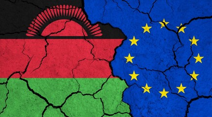 Flags of Malawi and European Union on cracked surface - politics, relationship concept