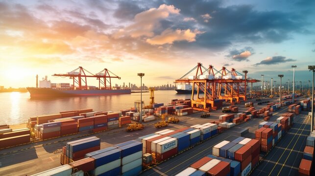 container cargo freight ship at sunset with generative ai