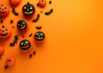Halloween decorations on orange background. Halloween background created with Generative AI technology
