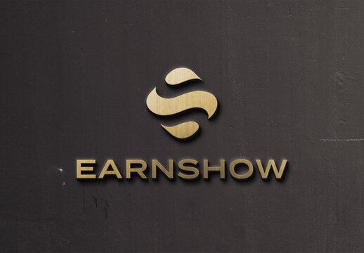 Logo Mockup Template Style Effect Gold Wall Badge Sign 3D Metal Text Brand Logotype