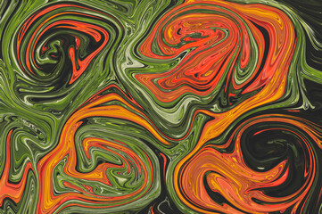 Red-orange-green-dark green abstract pattern. Bright green. Dark green. Art background for design. Smeared, daub, stain, spot, blot.